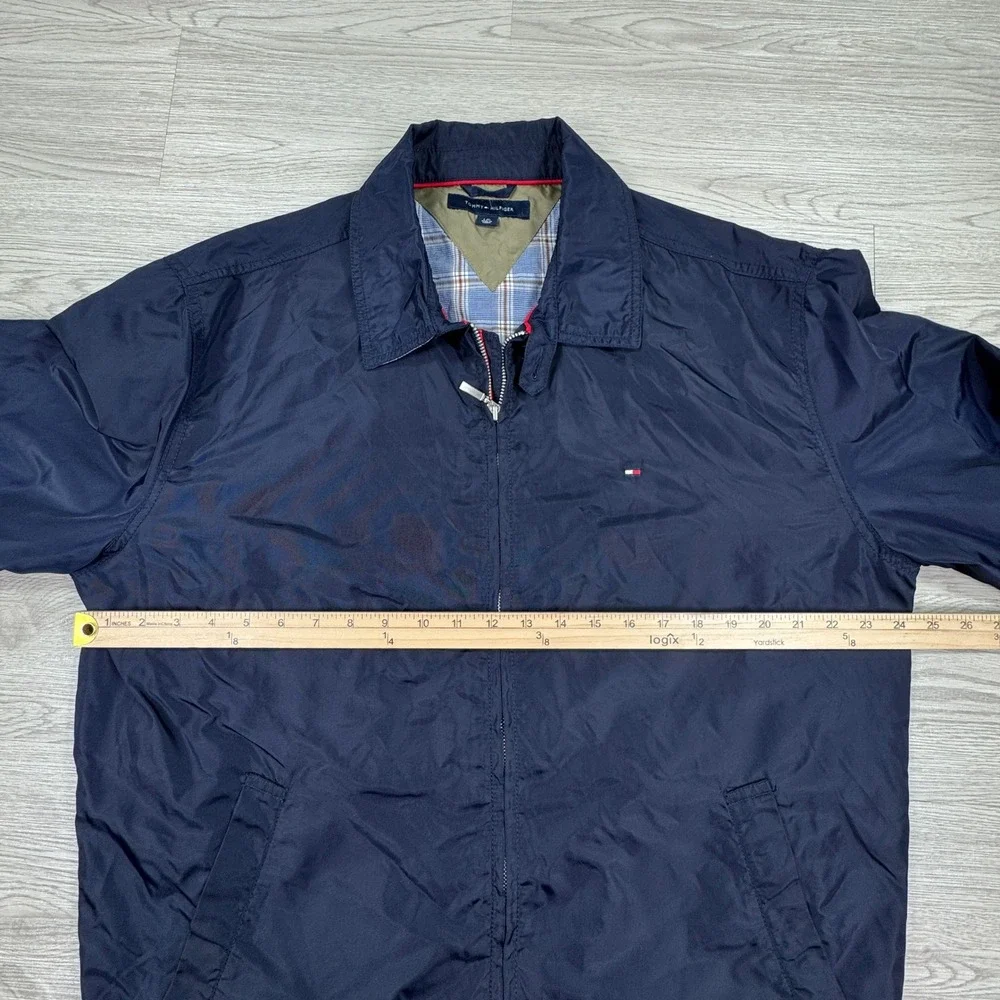 Tommy‎ Hilfiger Men's Jacket Windbreaker Navy Blue Large Plaid Lined Full Zip